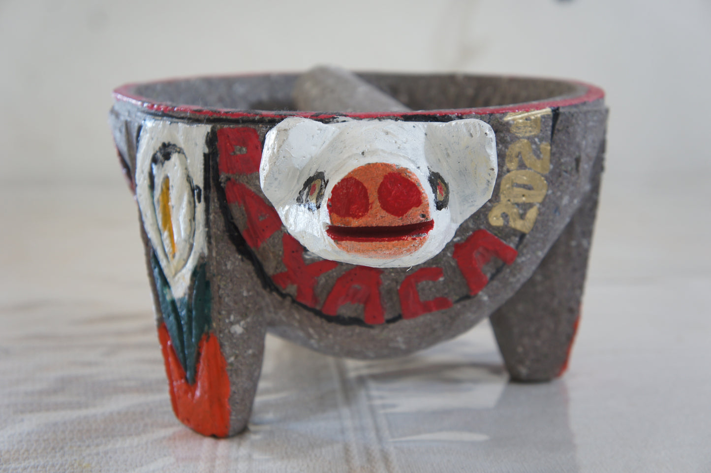 Molcajete “El Puerquito de Fuego” – Handcarved Pig Molcajete from Oaxaca | Huaje Art