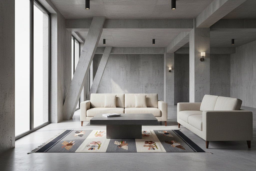 Living room with white sofas, a wooden coffee table, and decorative elements.