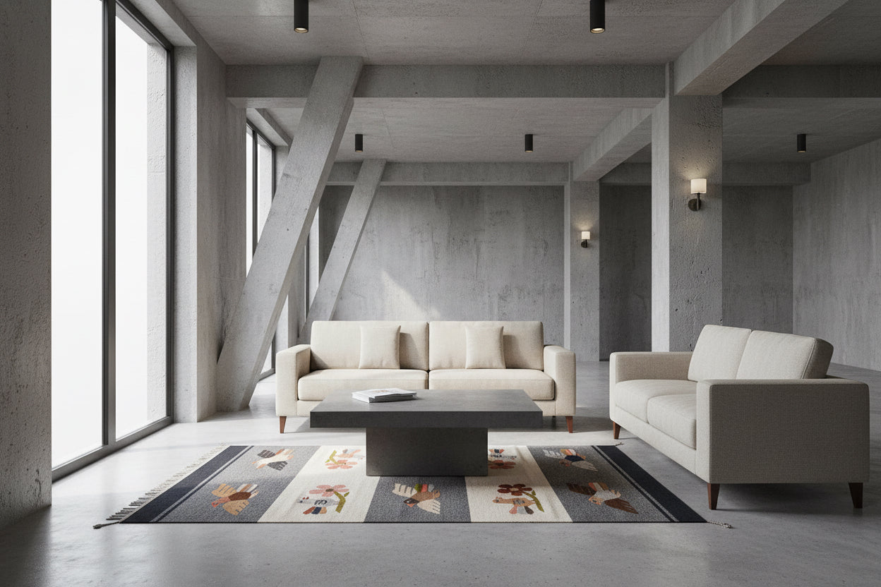 Living room with white sofas, a wooden coffee table, and decorative elements.
