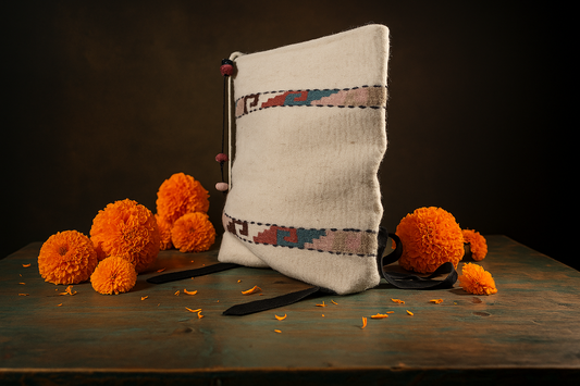 Artisan wool backpack from Oaxaca with colorful woven patterns, photographed with marigold cempasúchil flowers for Huaje Art.