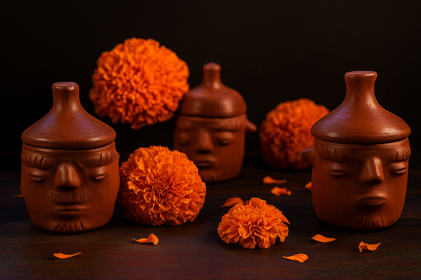 Caritas de Barro Trio – Handmade Red Clay Face Jars from San Marcos Tlapazola, Oaxaca