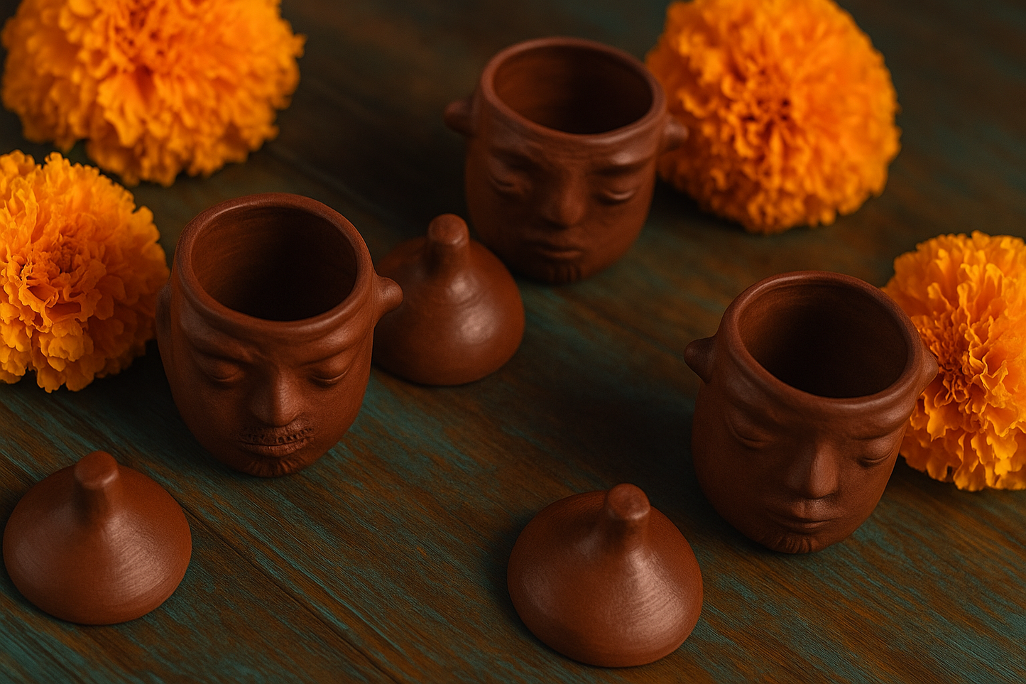 Caritas de Barro Trio – Handmade Red Clay Face Jars from San Marcos Tlapazola, Oaxaca